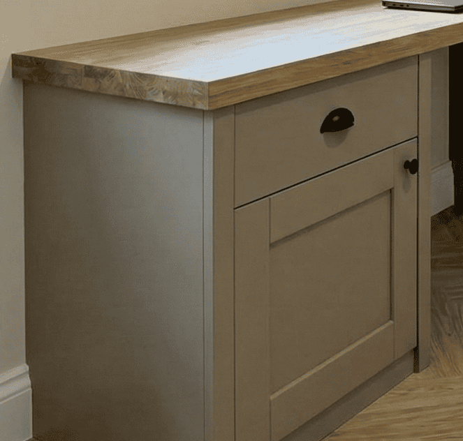 Custom-made home office storage cabinet with wooden top and grey finish.