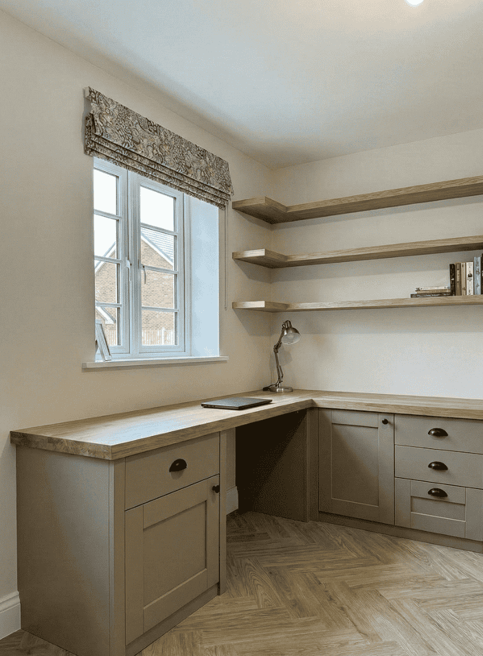 Custom home office desk with open shelving and natural wood finish.