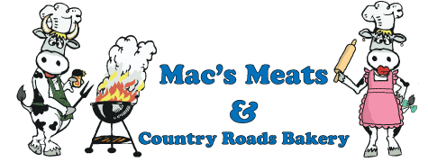 Logo for Mac's Meats & Country Roads Bakery featuring cartoon cows and bakery theme.