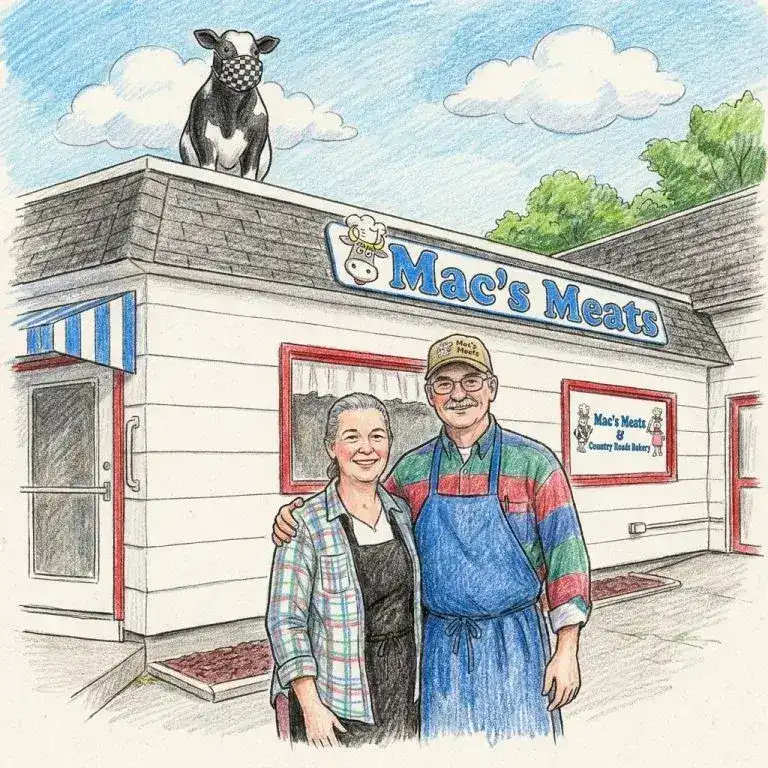 Exterior view of Mac's Meats shop with owners and cow statue on the roof.