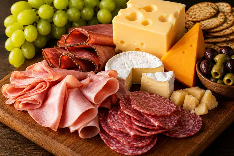Assorted cheese, cured meats, grapes, and crackers on a wooden board.