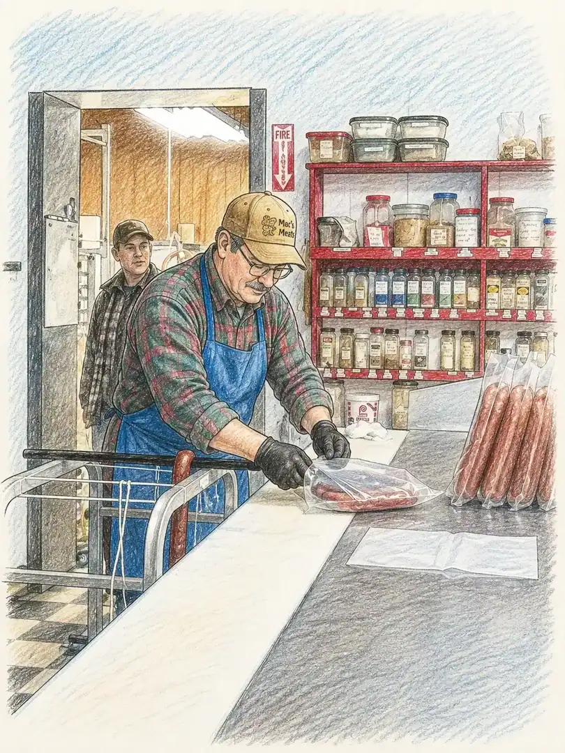 Butcher packaging fresh meat in a grocery store with shelves of spices and condiments in the backgro.