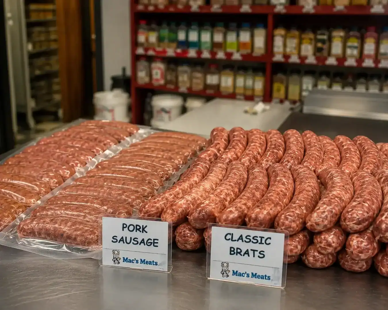 Pork sausage and classic bratwurst links arranged neatly at a butcher shop.