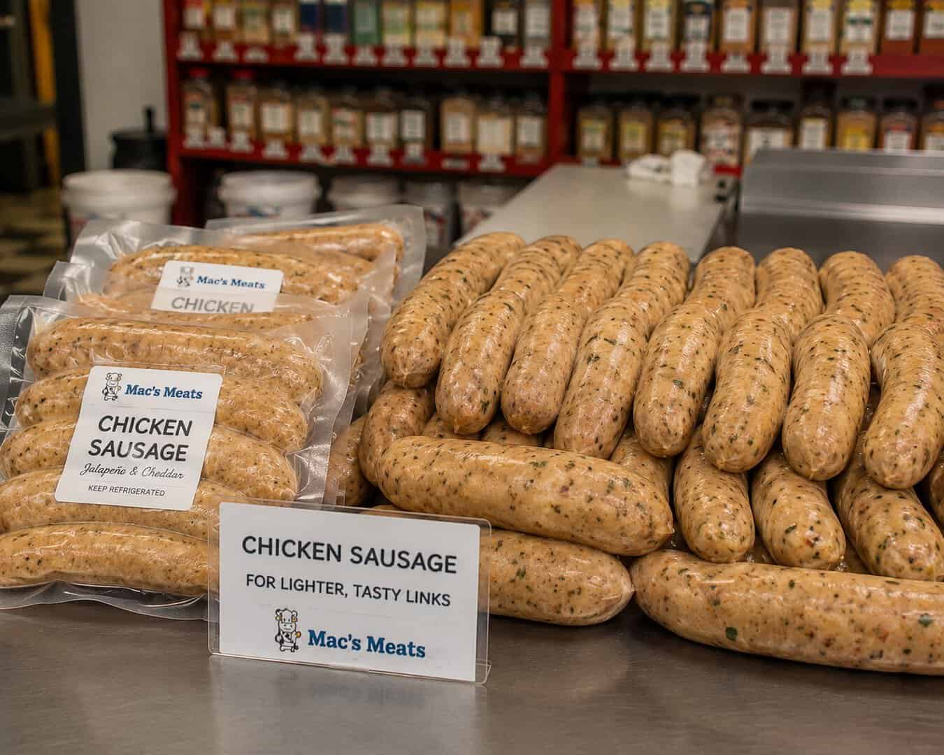 Fresh chicken sausages displayed on a counter at Mac's Meats store.