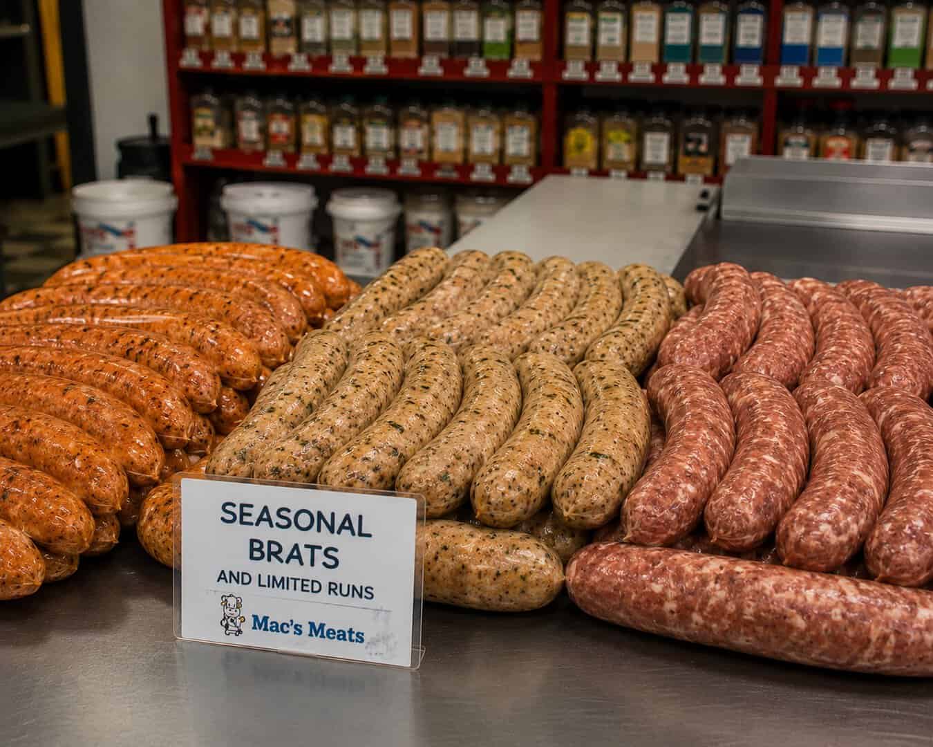 Fresh seasonal bratwurst sausages displayed at Mac's Meats, ready for purchase.