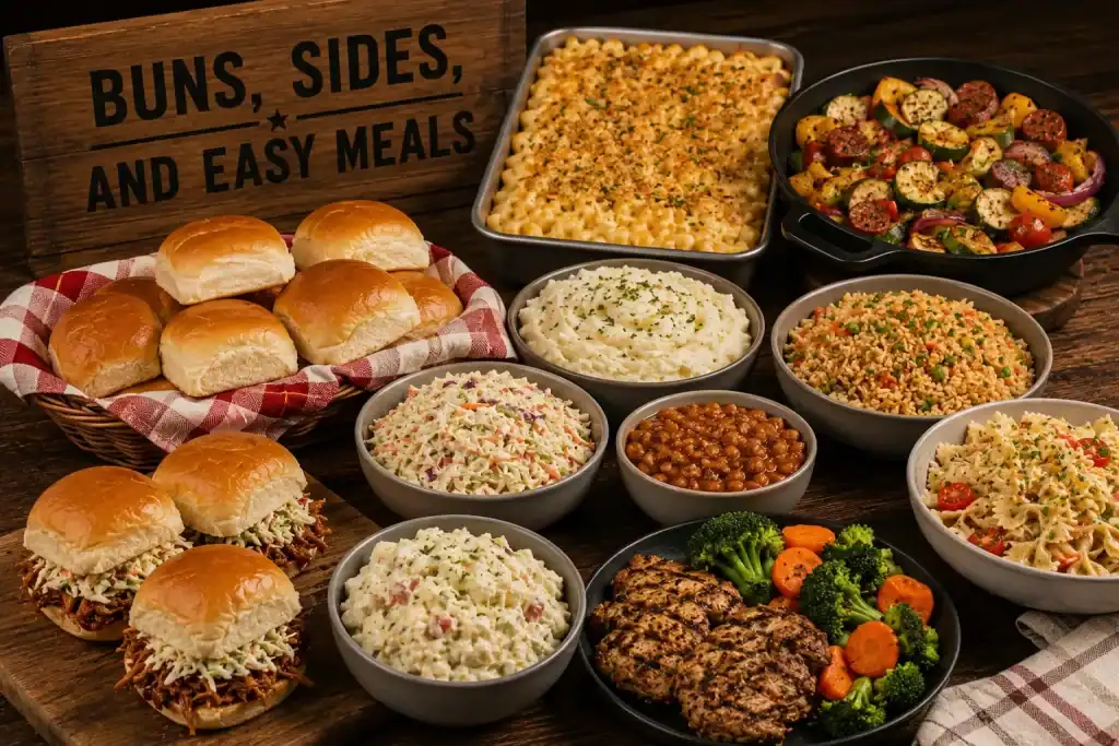 Delicious assortment of buns, sides, and easy meals for a hearty dinner or lunch. Perfect for family.