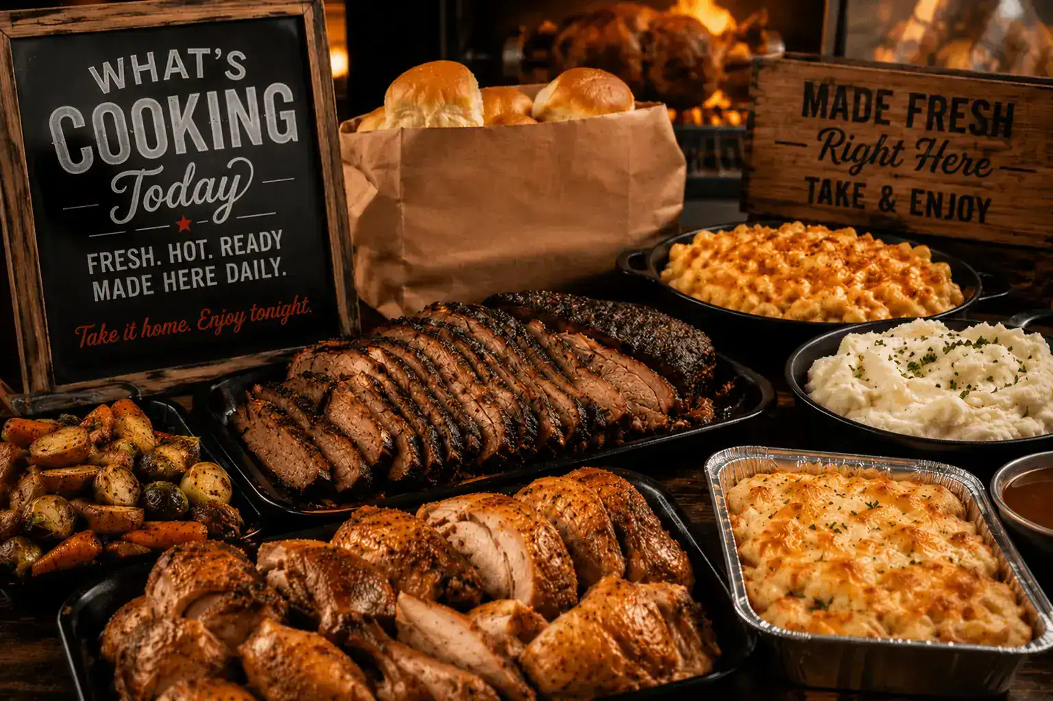 Delicious roast meat with sides including mashed potatoes, stuffing, and vegetables, perfect for a h.