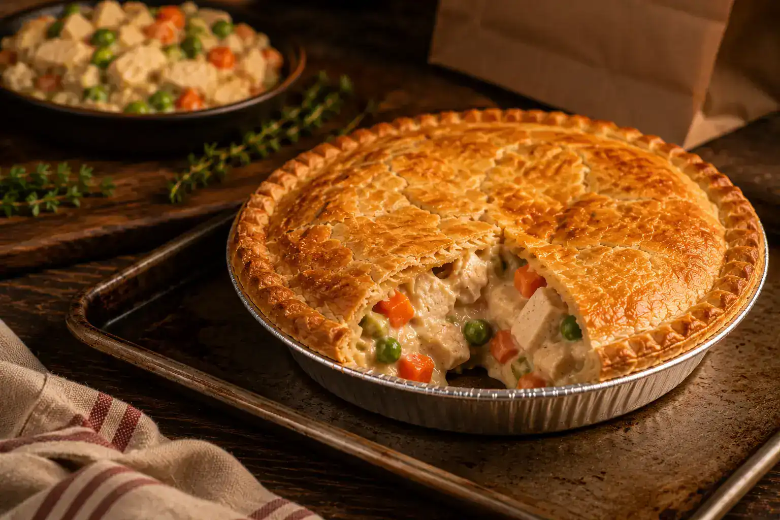 Delicious homemade chicken pot pie with vegetables and flaky crust.