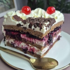 Black forest cake slice on a white plate