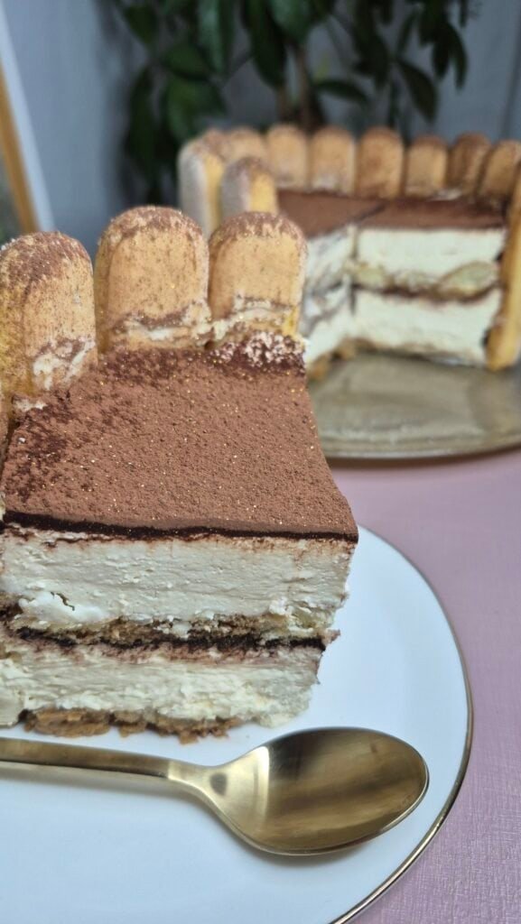 Delicious layered tiramisu cake with cocoa powder topping, ladyfingers, and creamy mascarpone filling.