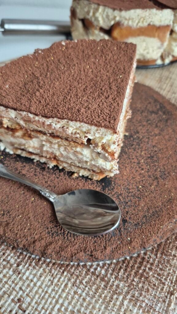 Slice of no-bake Nutella biscuit cake with mascarpone cream layers and cocoa powder on top.