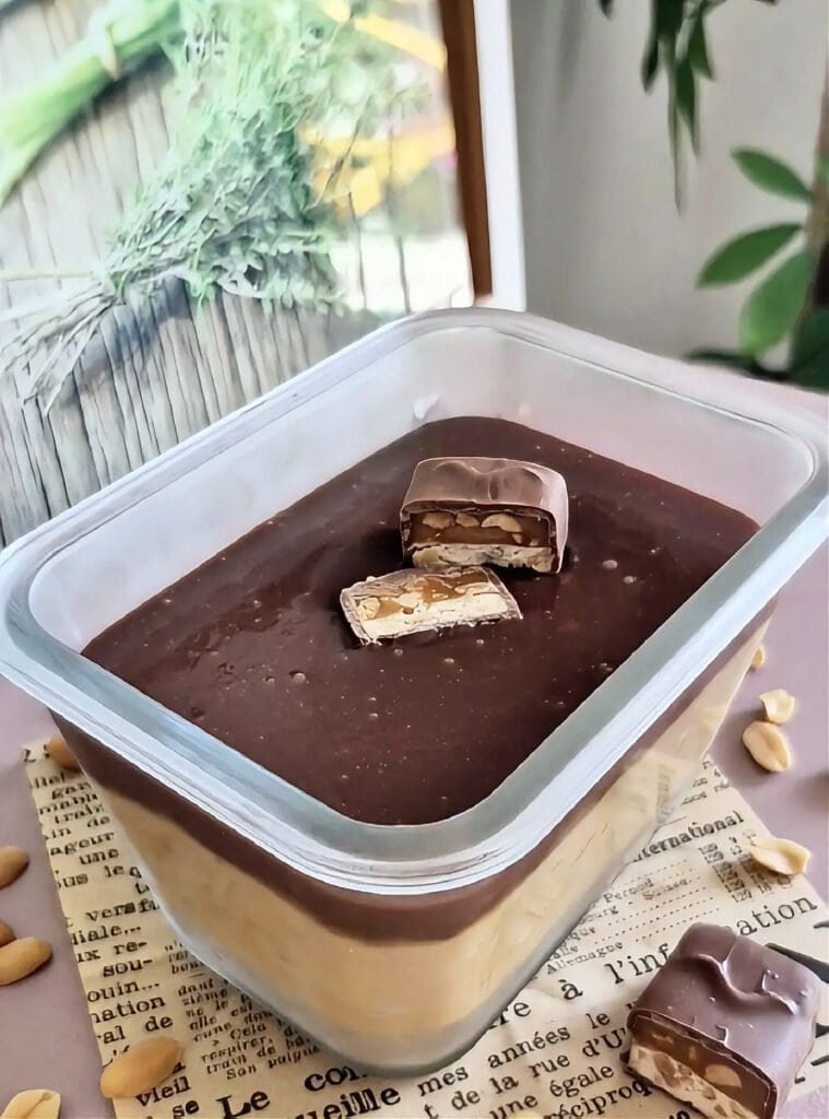 Creamy chocolate ice cream with nuts, topped with a chocolate-coated treat. Perfect for dessert.