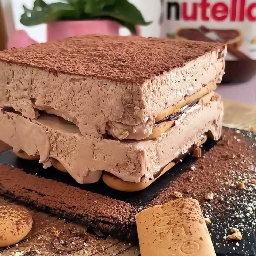 Mini chocolate biscuit cake with Nutella-mascarpone cream and Plasmon biscuit layers, topped with cocoa powder on a serving board.