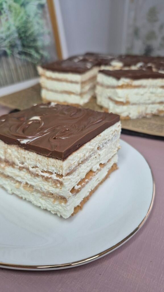 Slice of no-bake petit beurre biscuit cake with mascarpone cream and Nutella topping, with the full cake in the background.