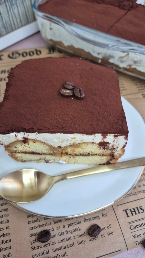 Slice of Savoiardi Nutella tiramisu with mascarpone cream and cocoa topping, served on a plate.