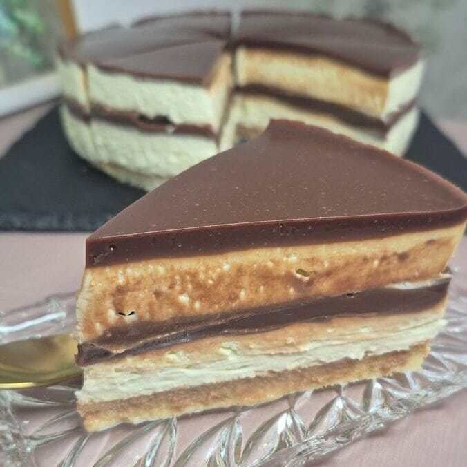 Nutella layered cake slice with mascarpone cream and chocolate ganache, with the rest of the cake in the background
