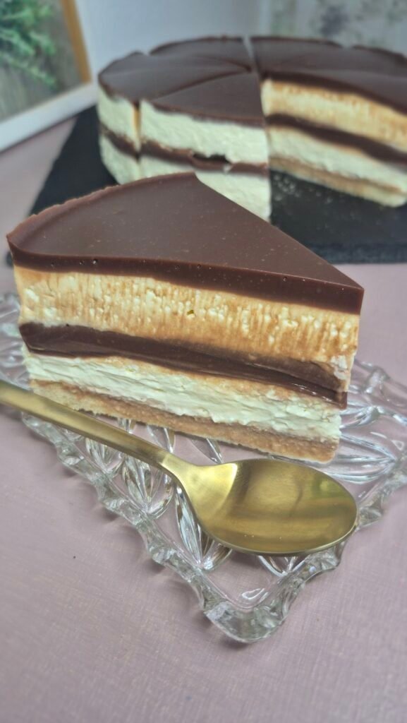 Nutella layered cake slice with mascarpone cream and chocolate ganache on a glass plate, with the whole cake in the background