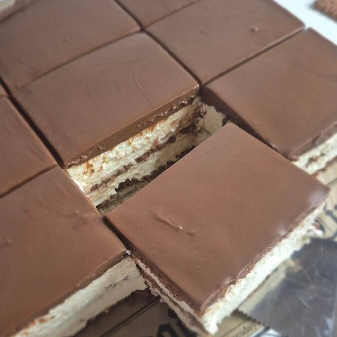 Whole no-bake coffee biscuit cake with mascarpone cream and cocoa topping cut into squares
