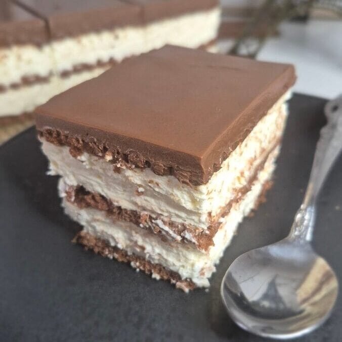 Slice of no-bake coffee biscuit cake with mascarpone cream and cocoa topping served on a dark plate