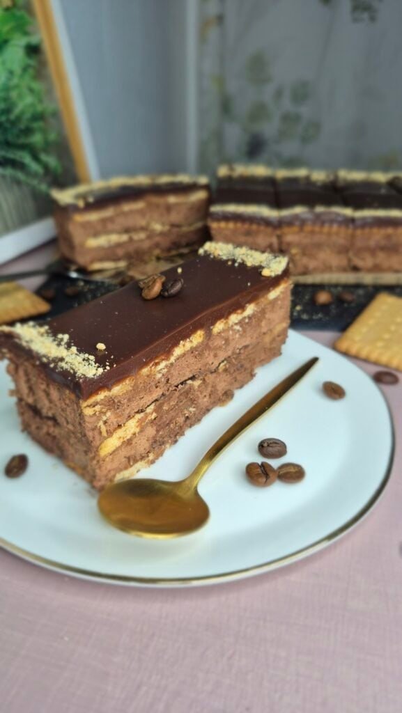 Chocolate biscuit cake slice with creamy chocolate filling and glossy chocolate topping on a plate