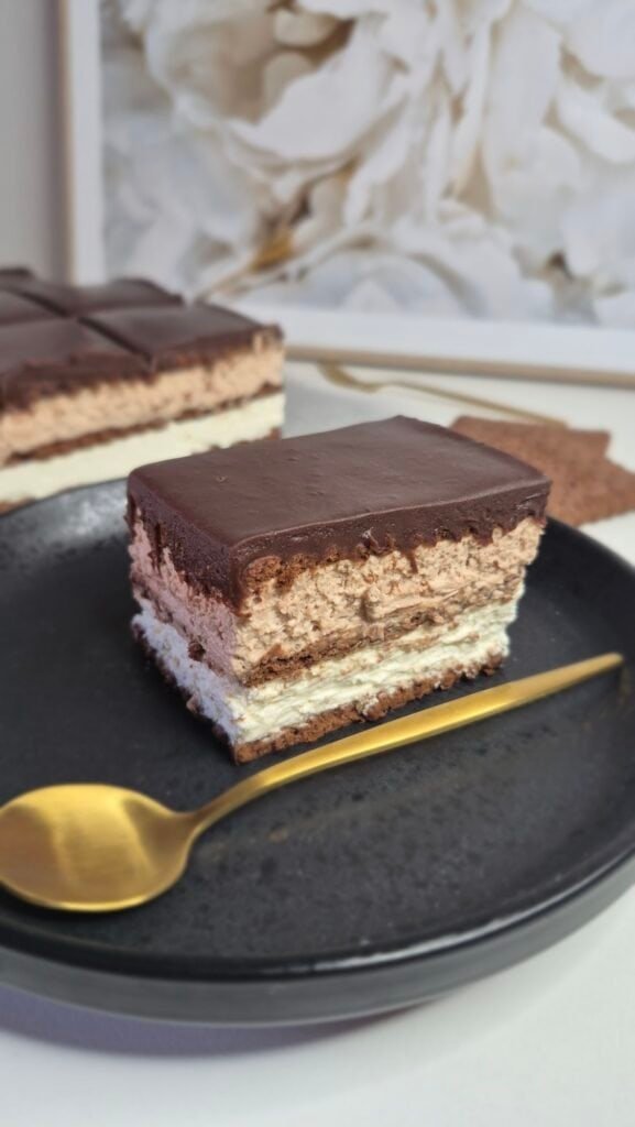 Slice of layered no-bake chocolate biscuit cake with biscuit layers, mascarpone cream, and chocolate topping