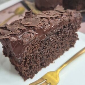 Moist chocolate cake slice with chocolate topping served on a white plate