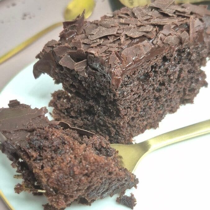 Moist chocolate cake slice on a plate