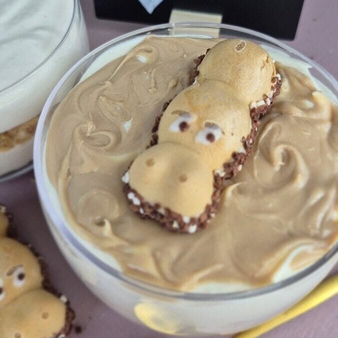 Hazelnut cheesecake cup topped with a Happy Hippo bar