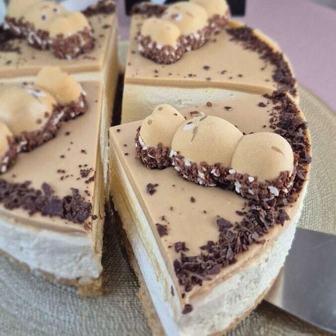 No-bake Happy Hippo cheesecake with mascarpone filling, biscuit base, and hazelnut topping