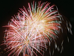 Fireworks bursting in a black night sky