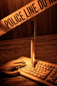 Dead Woman Hand on Computer Keyboard Crime Scene