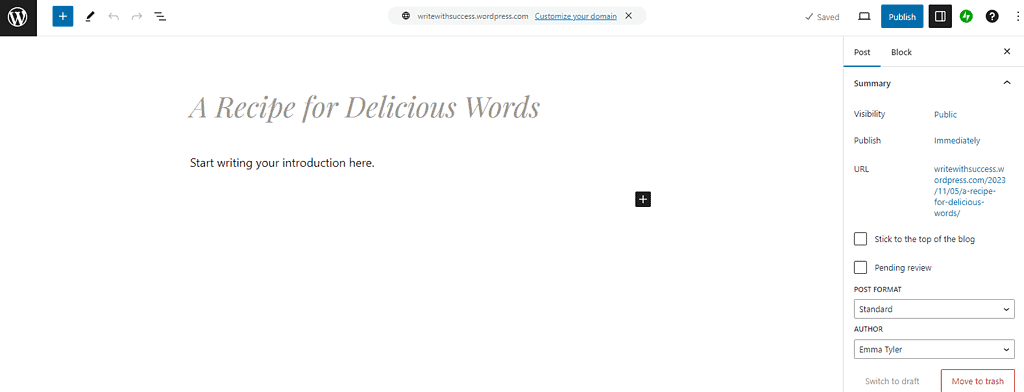 An example for how to add a blog post to WordPress to demonstrate how to become a food blogger