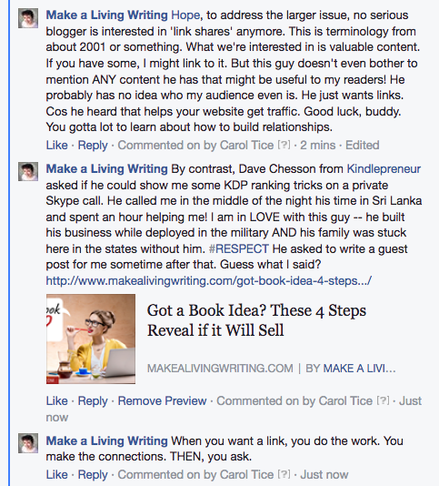 Screenshot of a Blogger outreach requesting nonspecific link and commentary on the request etiquette, wording, professionalism, and lack of descriptive request. 