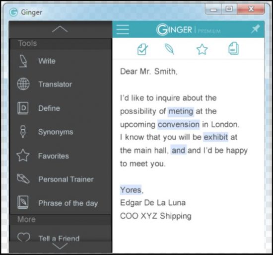 Ginger Premium writer tool example of grammar corrections highlighted