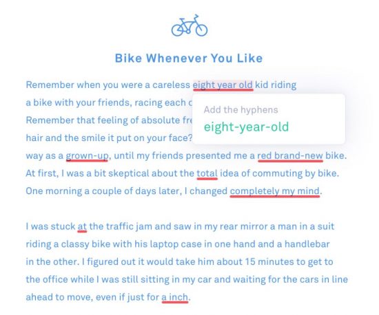 Example page for Grammarly grammar correction suggested to user to "add the hyphens"