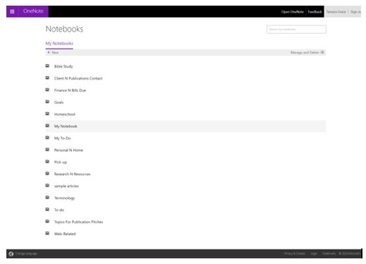 Example of OneNote Notebooks screen