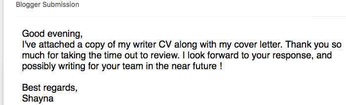 Screenshot of blogger submission of cover letter and writer cv from writer Shayna