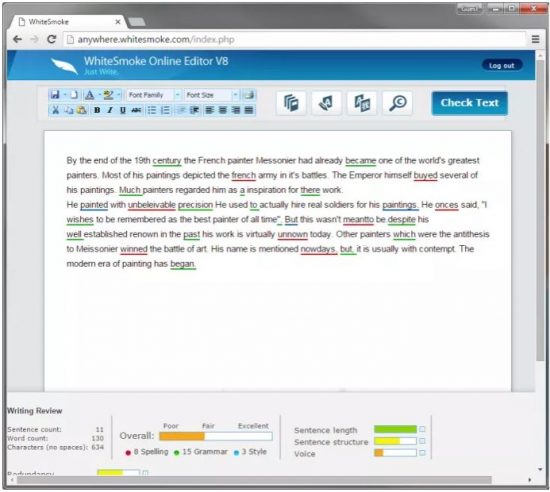 Example screenshot showing WhiteSmoke Online Editor V8 grammar correction tools