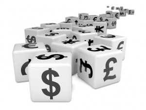 3d White currency symbol dice