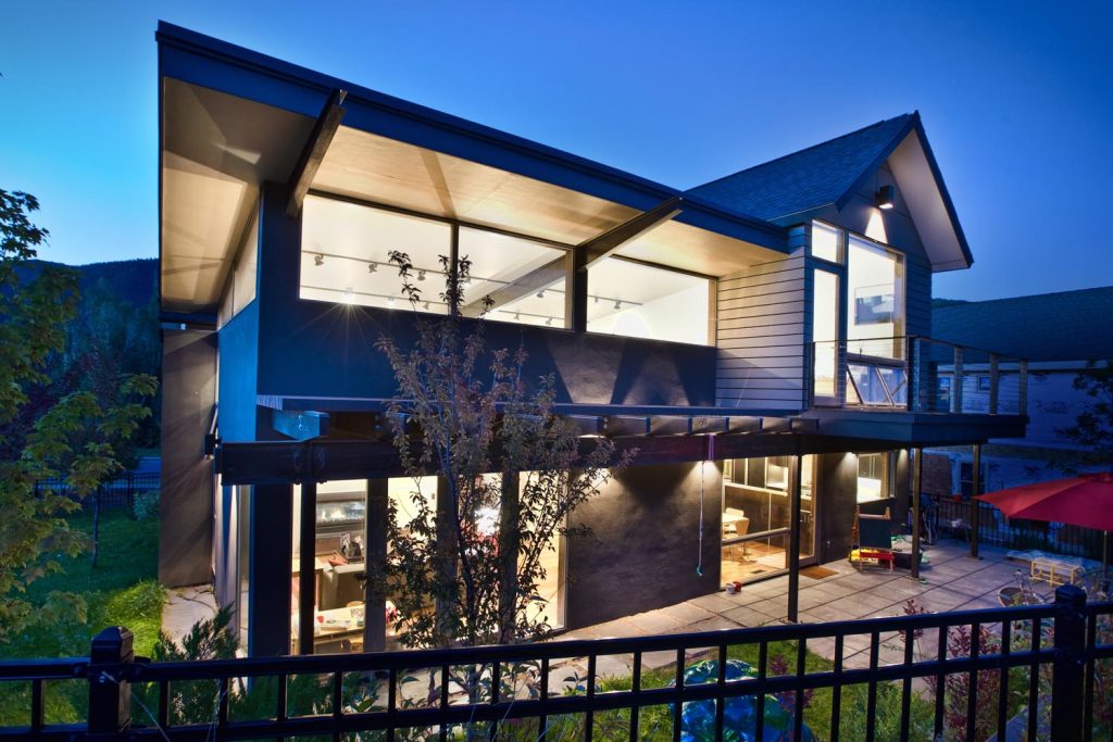 A luxury home at night
