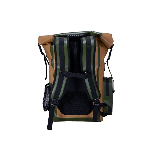 tropic bag back view with straps tan and green
