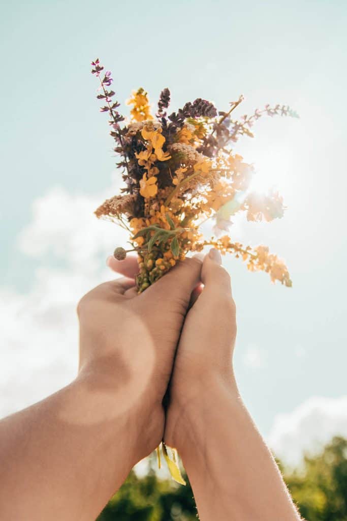 A woman's hands holding a bouquet of wildflowers up to a sunny blue sky
