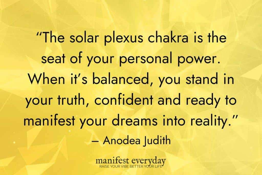 Yellow geometric background signifying solar plexus chakra with quote text that reads “The solar plexus chakra is the seat of your personal power. When it’s balanced, you stand in your truth, confident and ready to manifest your dreams into reality.” - Anodea Judith manifesteveryday.com