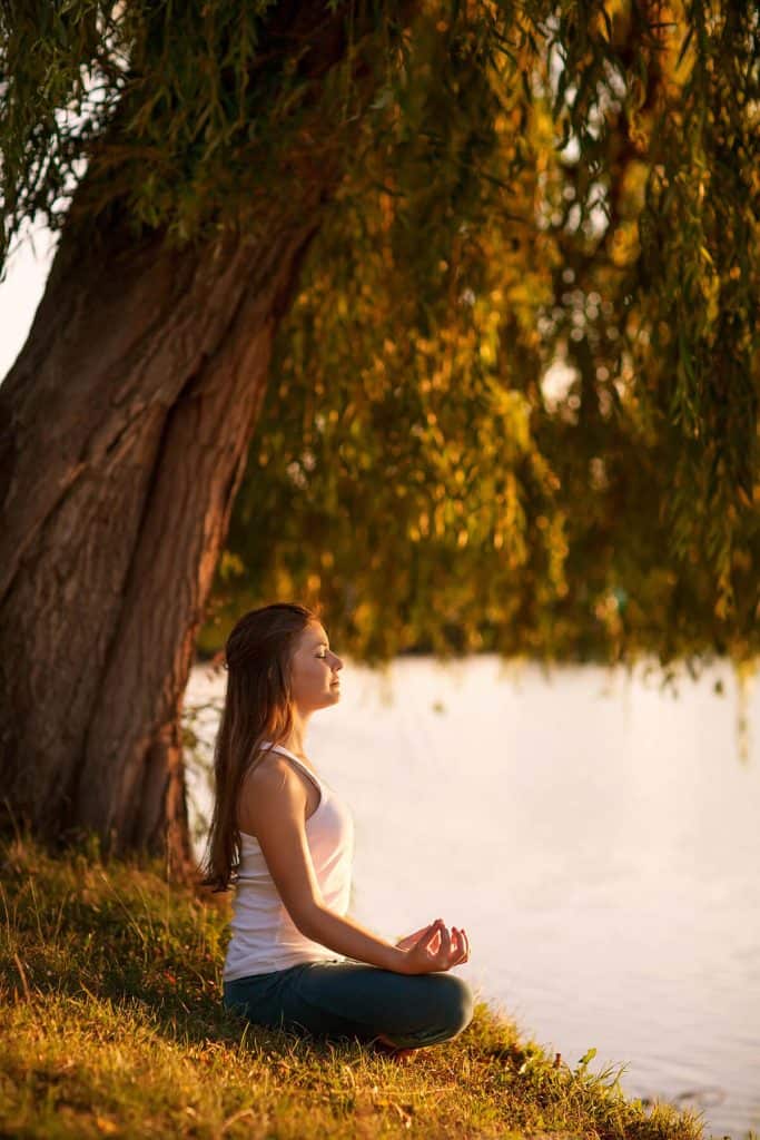 woman meditates under a tree by water on summer evening