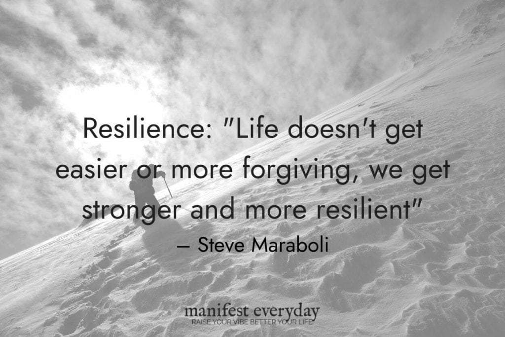 Man hiking up a snowy mountain with quote text that reads Resilience: "Life doesn't get easier or more forgiving, we get stronger and more resilient" — Steve Maraboli manifesteveryday.com
