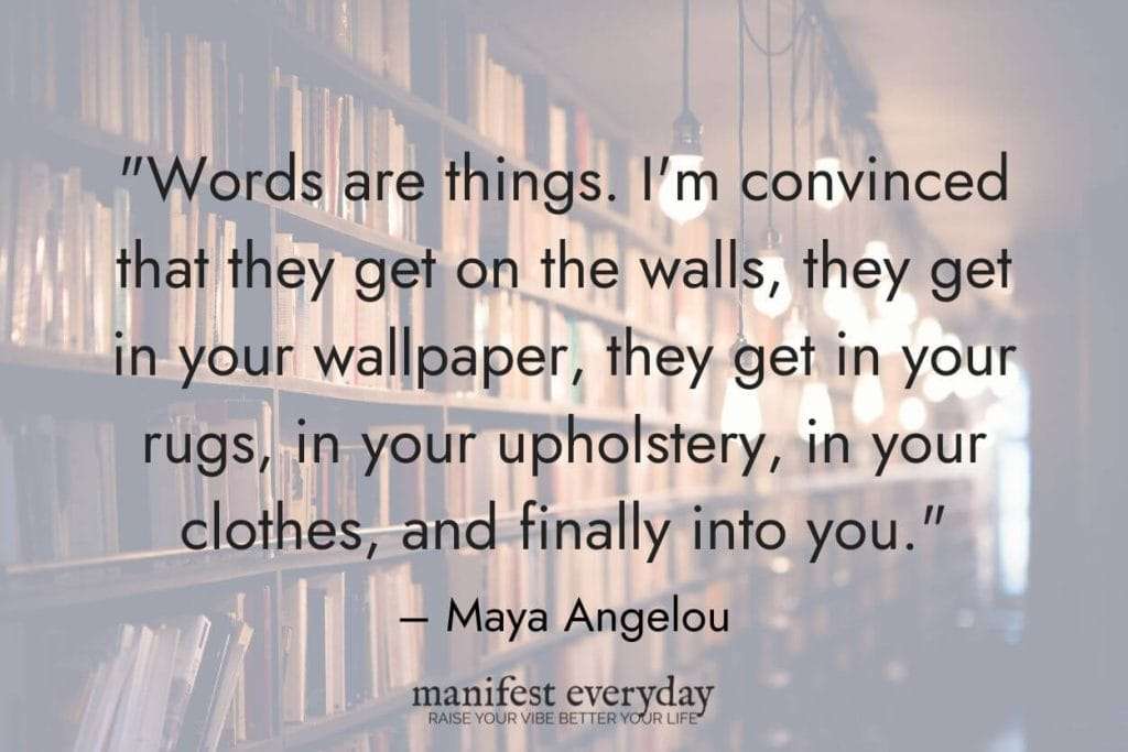 A wall of books with old timey hanging lights in front of them with quote text that reads "Words are things. I'm convinced that they get on the walls, they get in your wallpaper, they get in your rugs, in your upholstery, in your clothes, and finally into you." - Maya Angelou