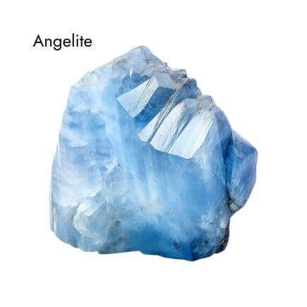 bright blue Angelite crystal with white background