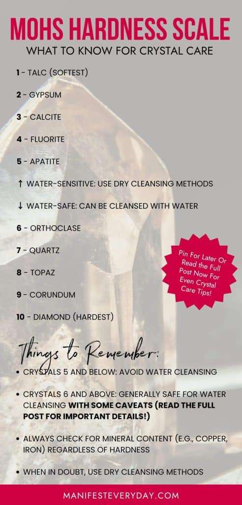 graphic of mohs hardness scale what to know for crystal care with information and things to remember manifesteveryday.com