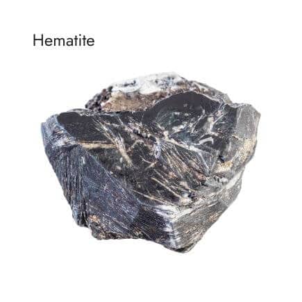 raw, black hematite stone on white background