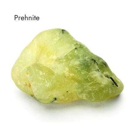 bright green Prehnite crystal with white background